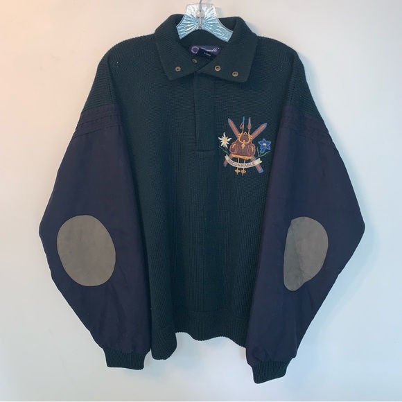 Faconnable Green Blue 100% Wool Sweater Leather Patches Embroidered Crest L - Picture 1 of 9